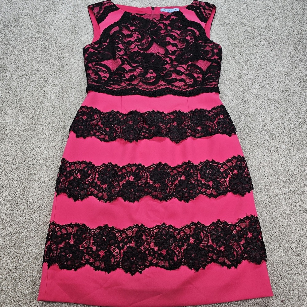 Antonio Melani Womens Size 6 Hot Pink Sheath Dress Black Lace Applique Slvls